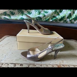 Y2K MK silver metallic snakeskin sling back heels
